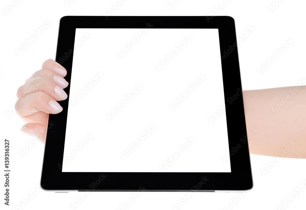 Hand holding a tablet computer with white screen. Woman hands showing empty screen of modern digital tablet. Hand holding tablet pc isolated on white background with blank screen. Hand holding a tablet computer with white screen. Woman hands showing empty screen of modern digital tablet. Hand holding tablet pc isolated on white background with blank screen.
