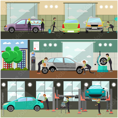 Vector set of car service, auto repair concept banners, posters
