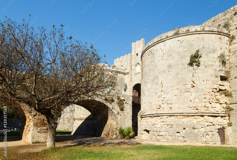 Fortifications of the Old Town of Rhodes - view of moat and walls, Greece