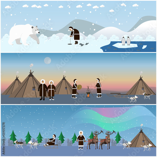 Vector set of wild north arctic posters in flat style.