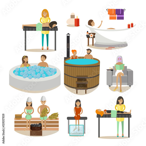 Vector set of Spa salon people, rehabilitation treatment design elements