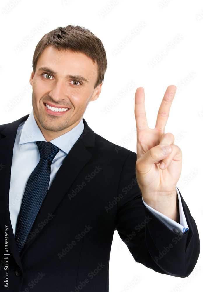 businessman showing two fingers or victory gesture businessman showing two fingers or victory gesture