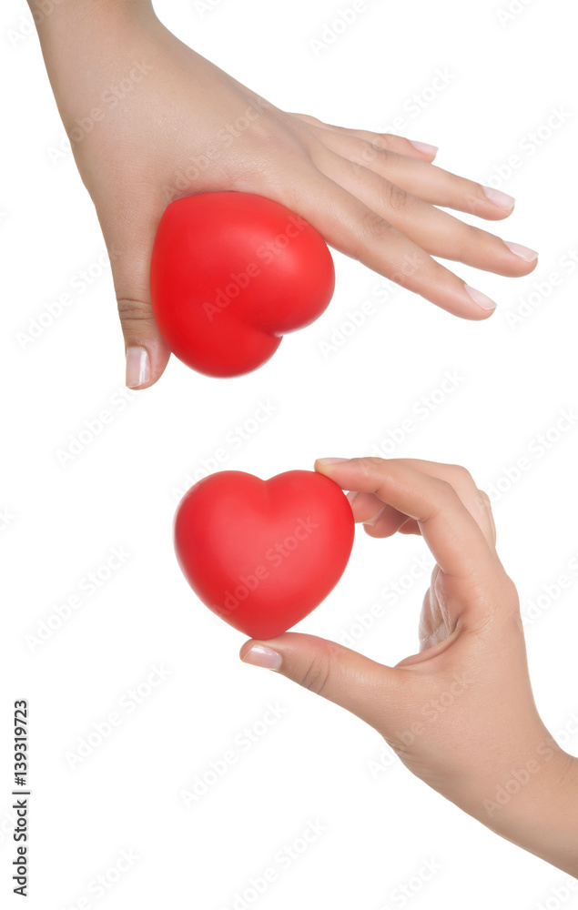 hands holding sweet little heart isolated on white background.