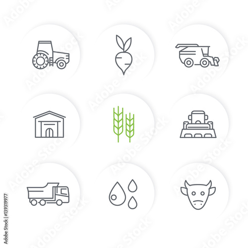 Agriculture, farming line icons set, tractor, agrimotor, harvester, cattle, agricultural machinery, storehouse