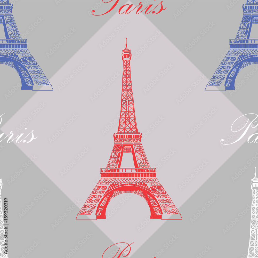 Seamless pattern with Eiffel tower on grey background