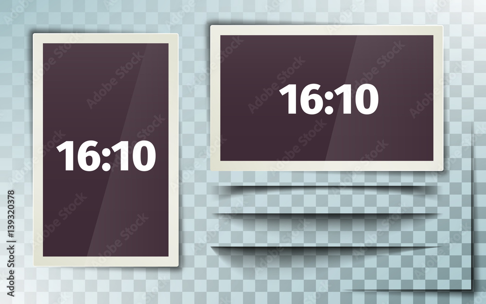 Photo frame 16:10. Set of isolated shadows. White plastic border on a transparent background. Photorealistic. Horizontal and vertical frame. Retro Photo Frame Template. Vector illustration. Photo frame 16:10. Set of isolated shadows. White plastic border on a transparent background. Photorealistic. Horizontal and vertical frame. Retro Photo Frame Template. Vector illustration.