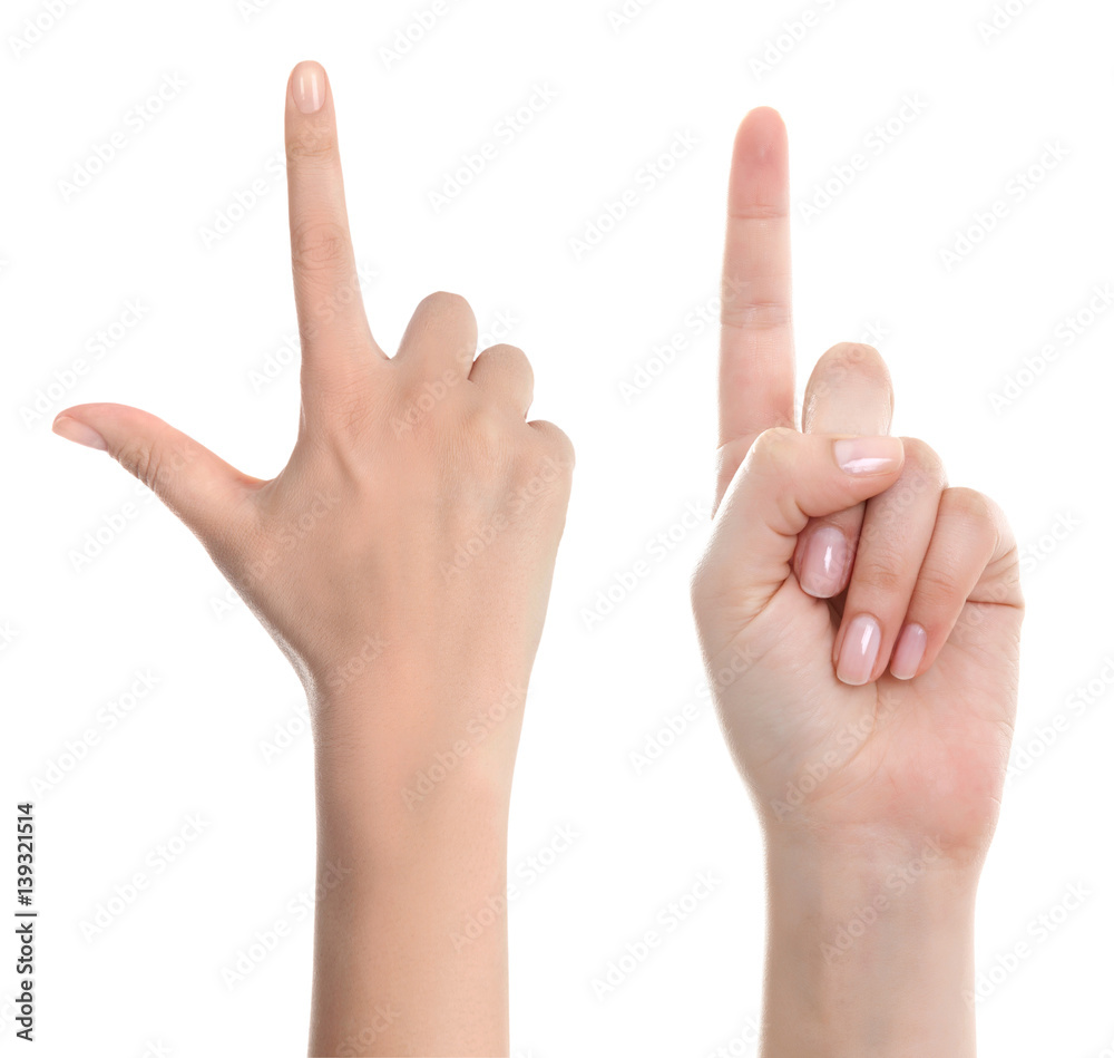 Woman hand pointing up with index finger or touching screen back hand side isolated on white background. Woman hand pointing up with index finger or touching screen back hand side isolated on white background.