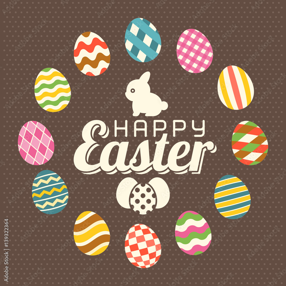 Happy easter typographic , bunny and colorful eggs frame on brown polka dot background, flat design
