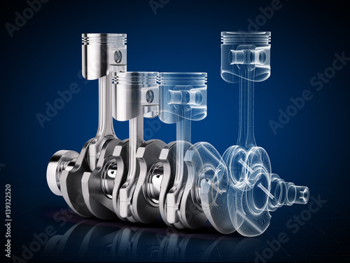 Konstfotografi V4 engine pistons and crankshaft on blue background. 3d render