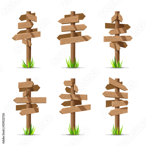 Wooden arrow signboards blank vector set. Wood sign post concept with grass. Board pointer illustration isolated on a white background