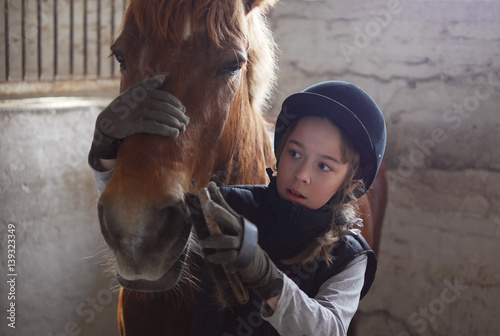 Girl brushing her horse. The care of horses.