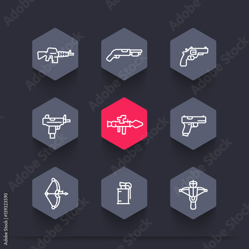 weapons icons set in linear style, rocket launcher, pistol, submachine gun, assault rifle, revolver, shotgun, grenade