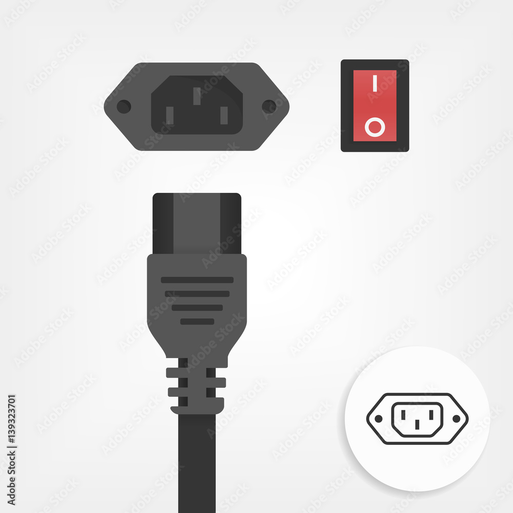 Three prong plug of and electrical power plug. PC power cord: 3-pin, red  key (on of) and line interface icon isolated on white background. Stock  Vector | Adobe Stock