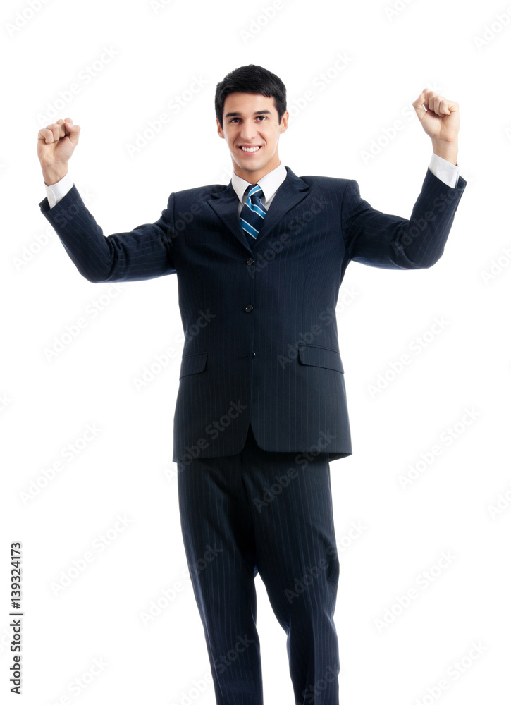 happy gesturing young businessman, isolated happy gesturing young businessman, isolated