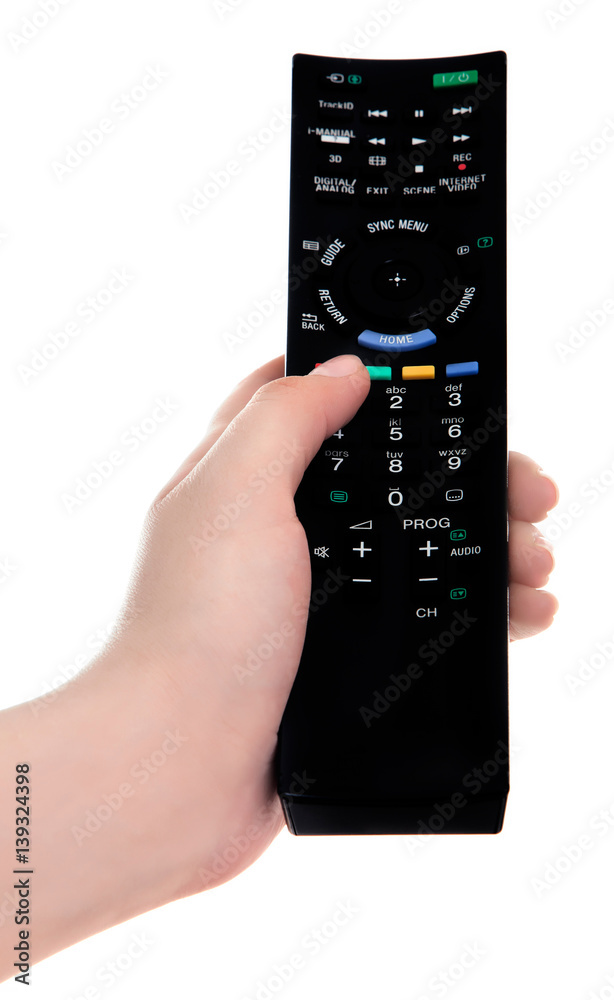 hand with tv remote control isolated on white background hand with tv remote control isolated on white background