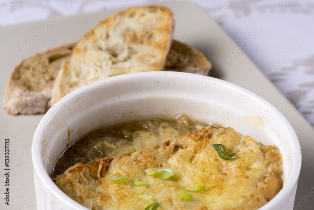 French Onion Soup with Dried Bread and Melted Cheese French Onion Soup with Dried Bread and Melted Cheese