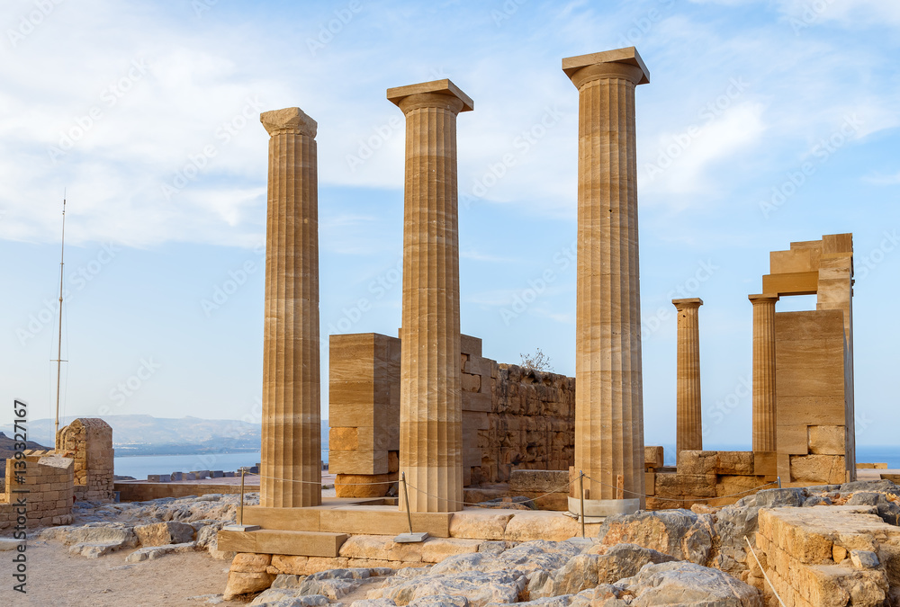 Ancient Greek acropolis. Front view of columns and walls.