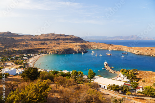 Scenic view of Lindos bay at the Rhodes island. Greece