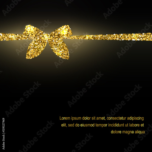 Golden ribbon bow on postcard Vector illustration Postcard template with shiny golden ribbon bow on black background Realistic style