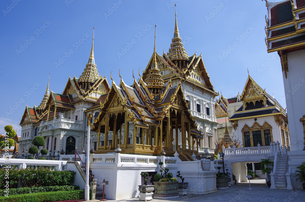 Roayl Great (Grand) Palace Buddhist temple with famous green tree gardens in center of Bangkok, Thailand