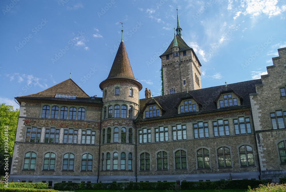 View of Swiss National museum (Landesmuseum) in Zurich, Switzerland