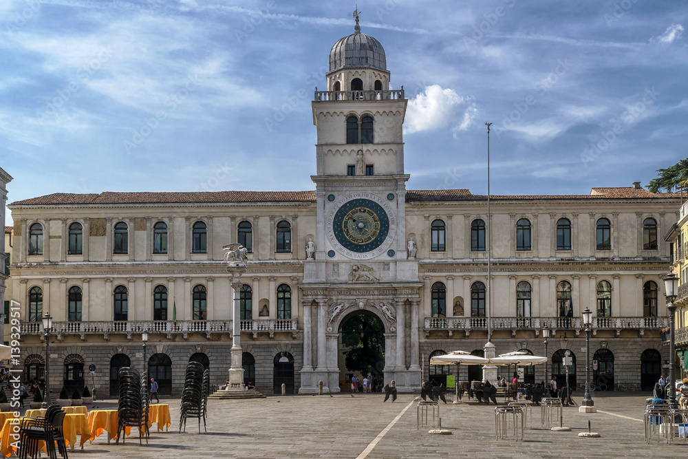 The beautiful clock tower in Piazza dei Signori, historic center of Padua, Veneto, Italy