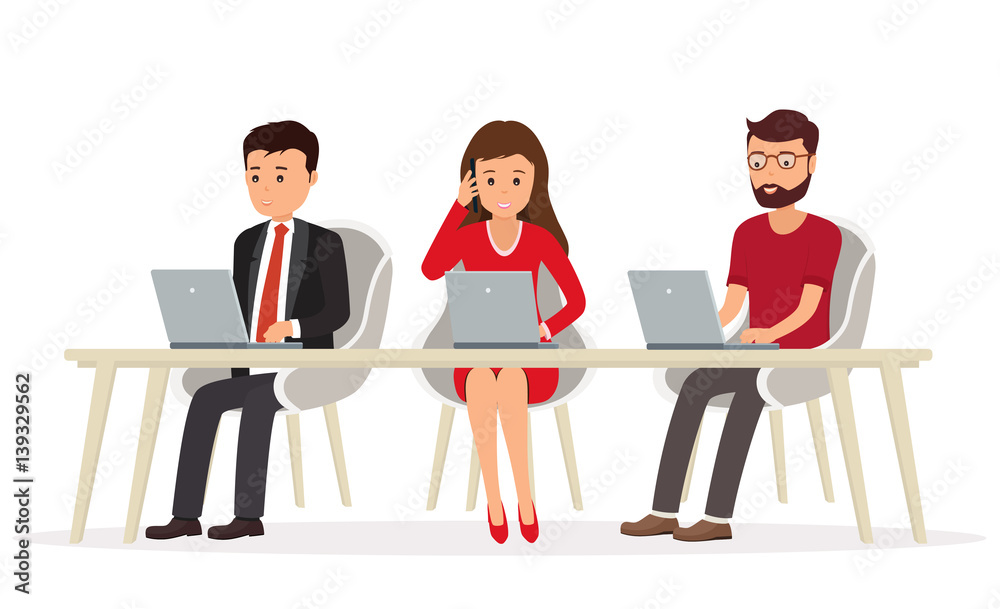 Business team of people behind a desk working on a laptop. Teamwork in network. Business team of people behind a desk working on a laptop. Teamwork in network.