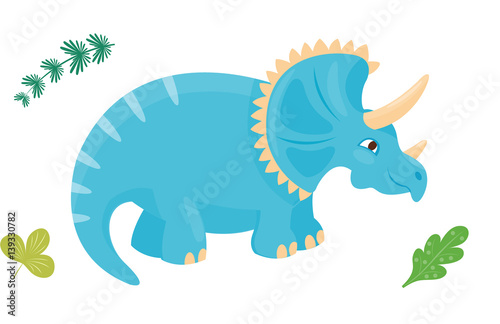 Cartoon dinosaur triceratops vector illustration isolated monster animal dino prehistoric character reptile predator jurassic leaf dragon