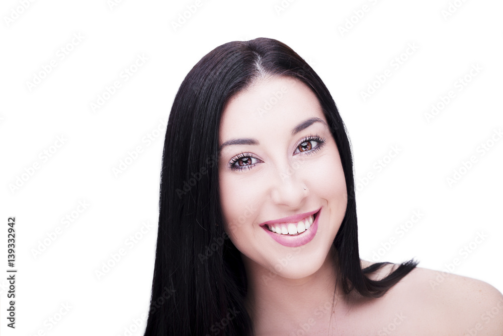 Beautiful woman smiling face close up studio on white background Beautiful woman smiling face close up studio on white background