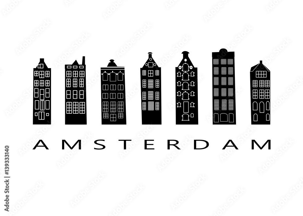 Fototapeta premium An illustration of a row of typical dutch canal houses in Amsterdam, the Netherlands. Stylized facades of old buildings.