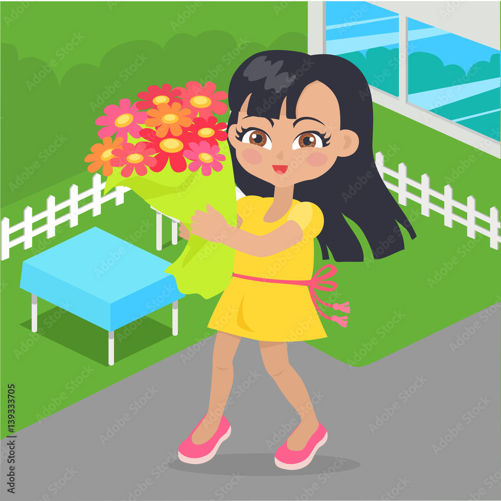 Girl Holds Bouquet of Flowers in her Hands at Yard Girl Holds Bouquet of Flowers in her Hands at Yard