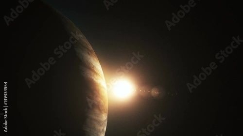 Jupiter with beautiful sunrise from space with stars.