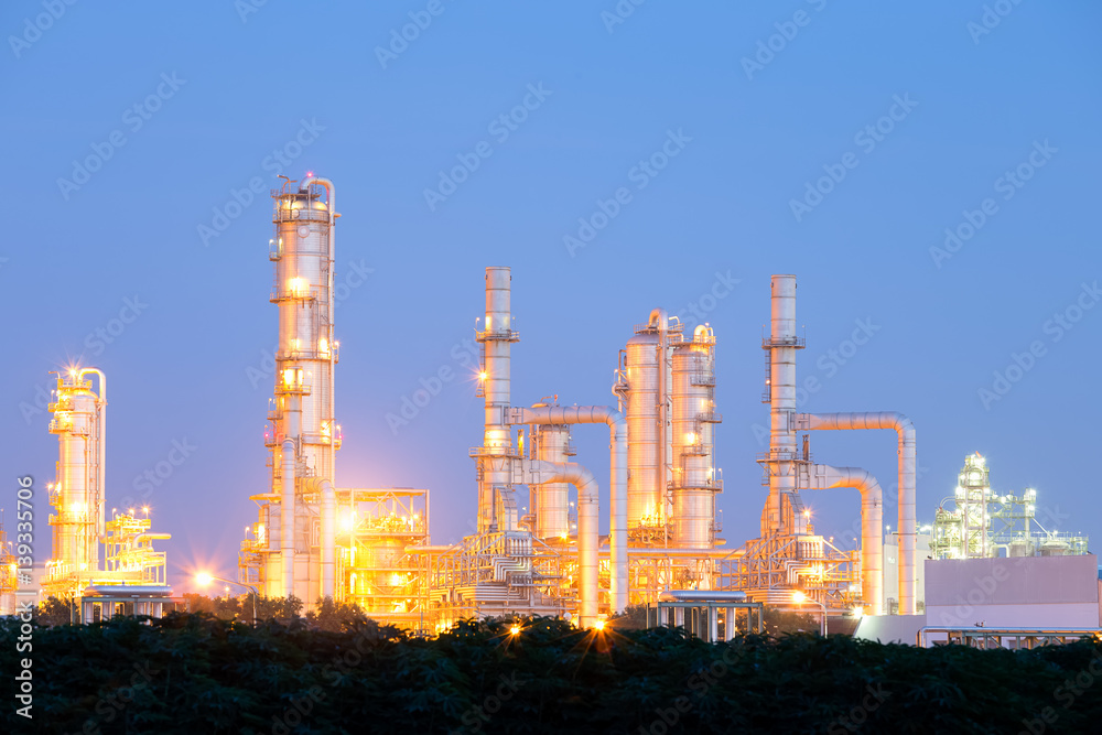 Obraz premium Oil gas refinery plant. May called petroleum, production or petrochemical plant. Industrial factory construction from engineering technology with steel pipe, pipeline, tank. Business for power energy.