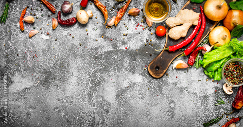 Fresh spices. Aromatic spices on a rustic background.