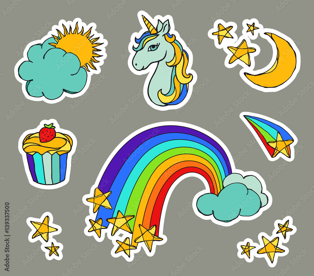 Cute magic set with unicorn, cake, rainbow, sun, moon, clouds and stars. Vector illustration isolated on grey background. Collection of stickers in cartoon doodle style for kids