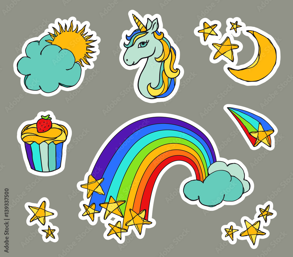 Naklejka premium Cute magic set with unicorn, cake, rainbow, sun, moon, clouds and stars. Vector illustration isolated on grey background. Collection of stickers in cartoon doodle style for kids