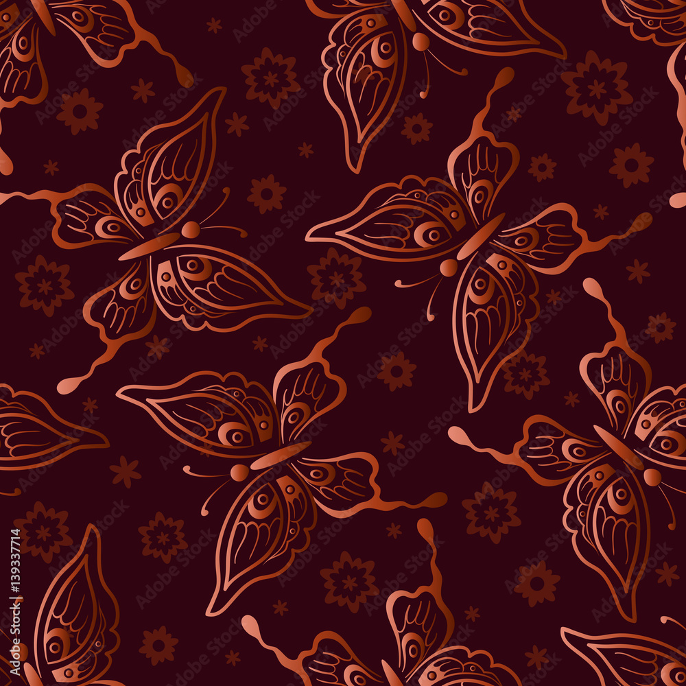 Seamless Background, Tile Pattern with Butterflies and Flowers. Vector