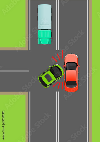 Clash of Cars on T-Junction Flat Vector Diagram