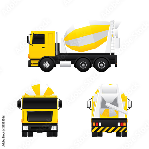 Vector of cement mixer truck in different views isolated on white background.