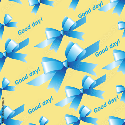 Light blue bows. Seamless pattern on a yellow background. Vector Image. Design for textiles sites, packaging materials.