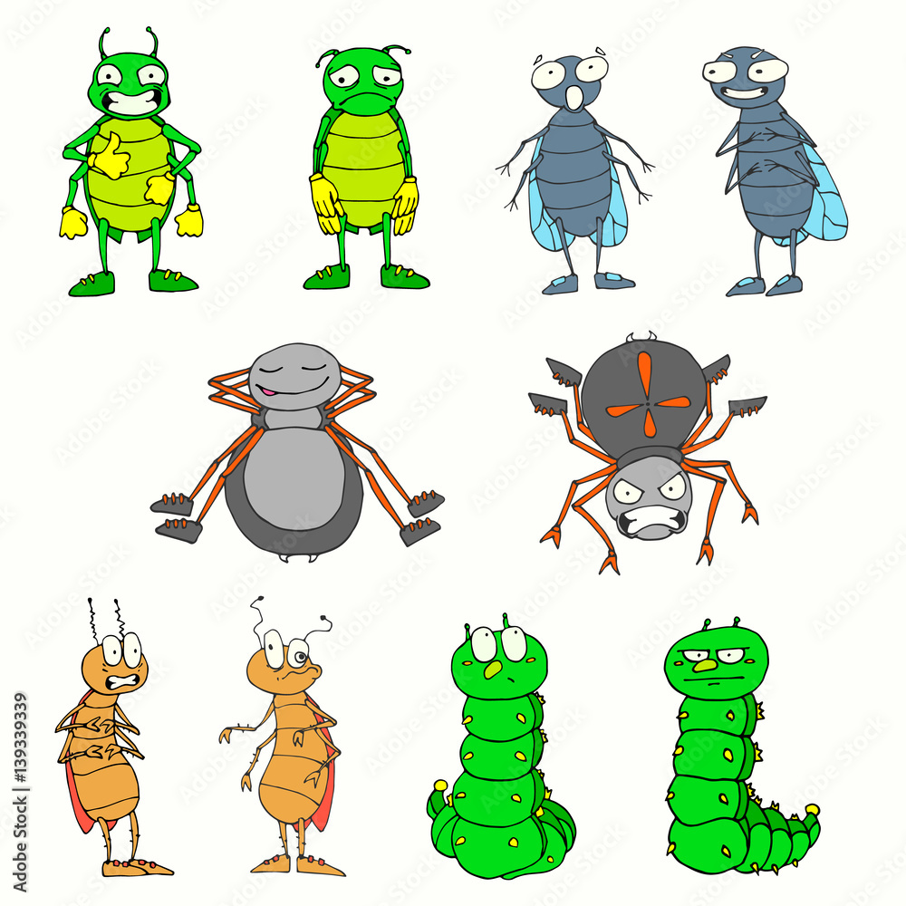 Set of vector colored insects. Spiders, flies, beetles, caterpillars ...