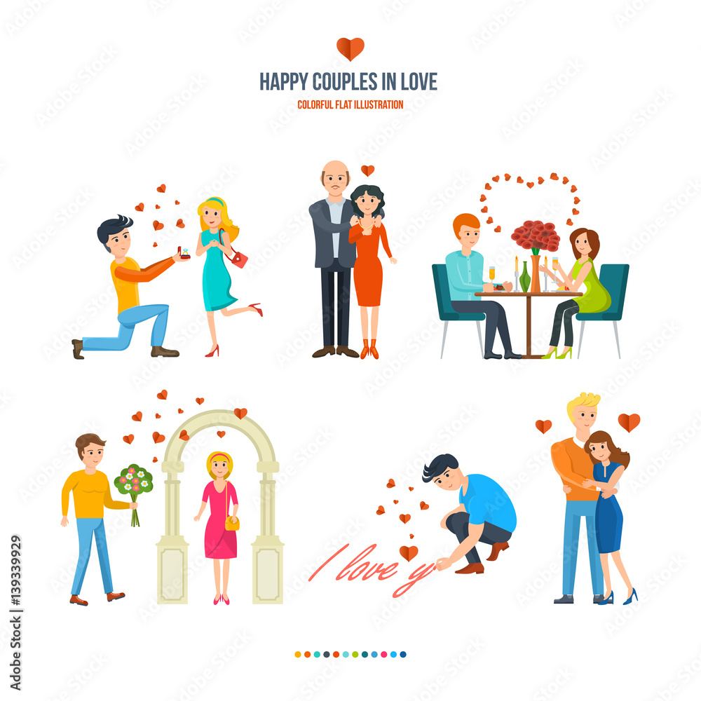 Concept illustration - happy couples in variety of settings and situations