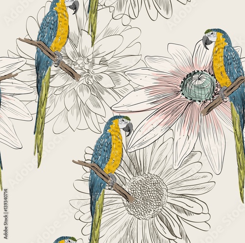 Vector sketch of a parrot with flower. Hand drawn illustration