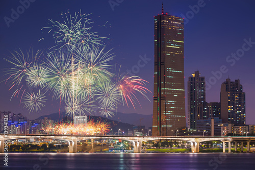 Fireworks festival and Seoul city, South Korea.