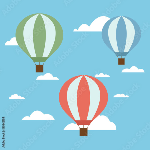 View of three balloons flying in the blue sky with white clouds - Vector