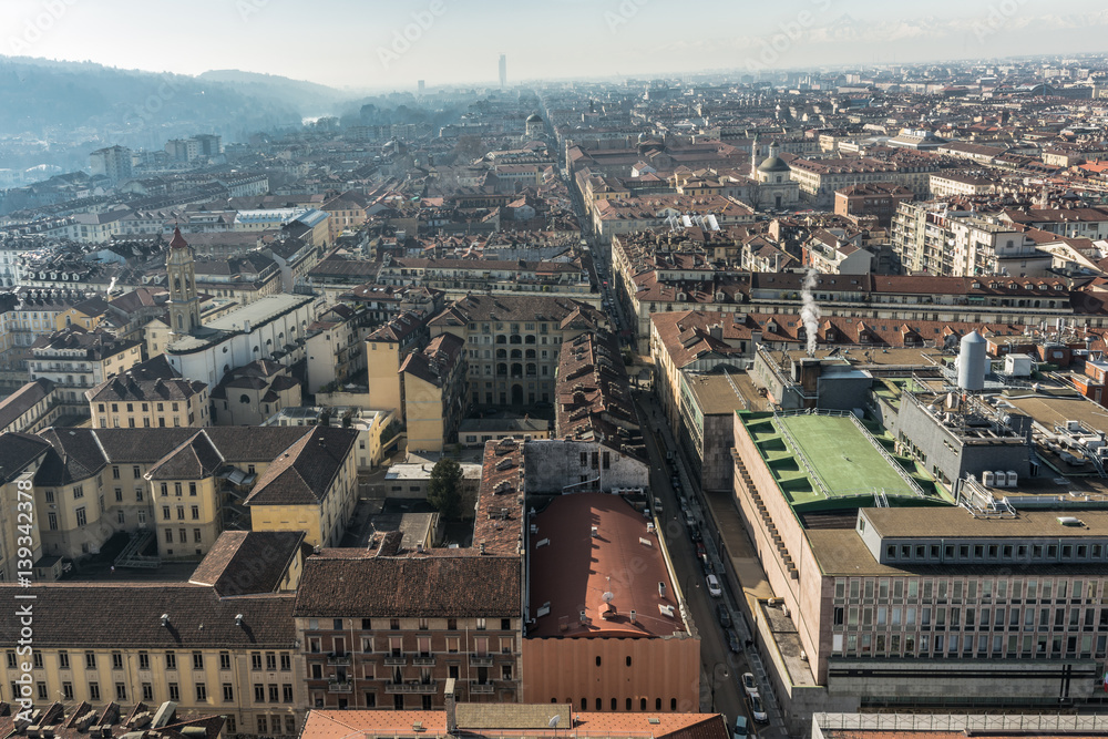 View of old town of Turin from the Mole Antonelliana, Italy