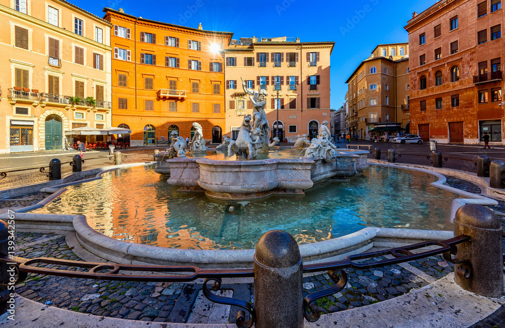 The Fountain of Neptune on Piazza Navona in Rome, Italy.