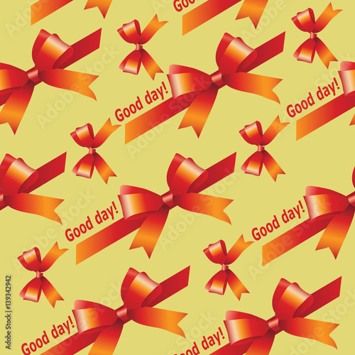 Red ribbons and bows. The pattern on the yellow background. Vector Image. Design for textiles sites, packaging materials.