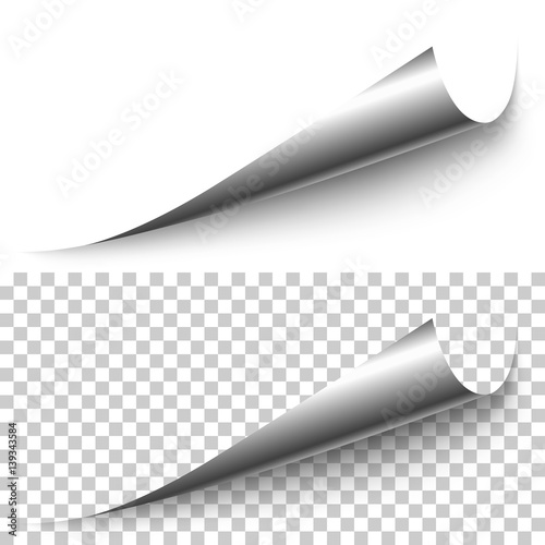 Vector realistic silver foil corner with shadow on transparent background. 3D page corner curled. Blank sheet of paper. Design element.