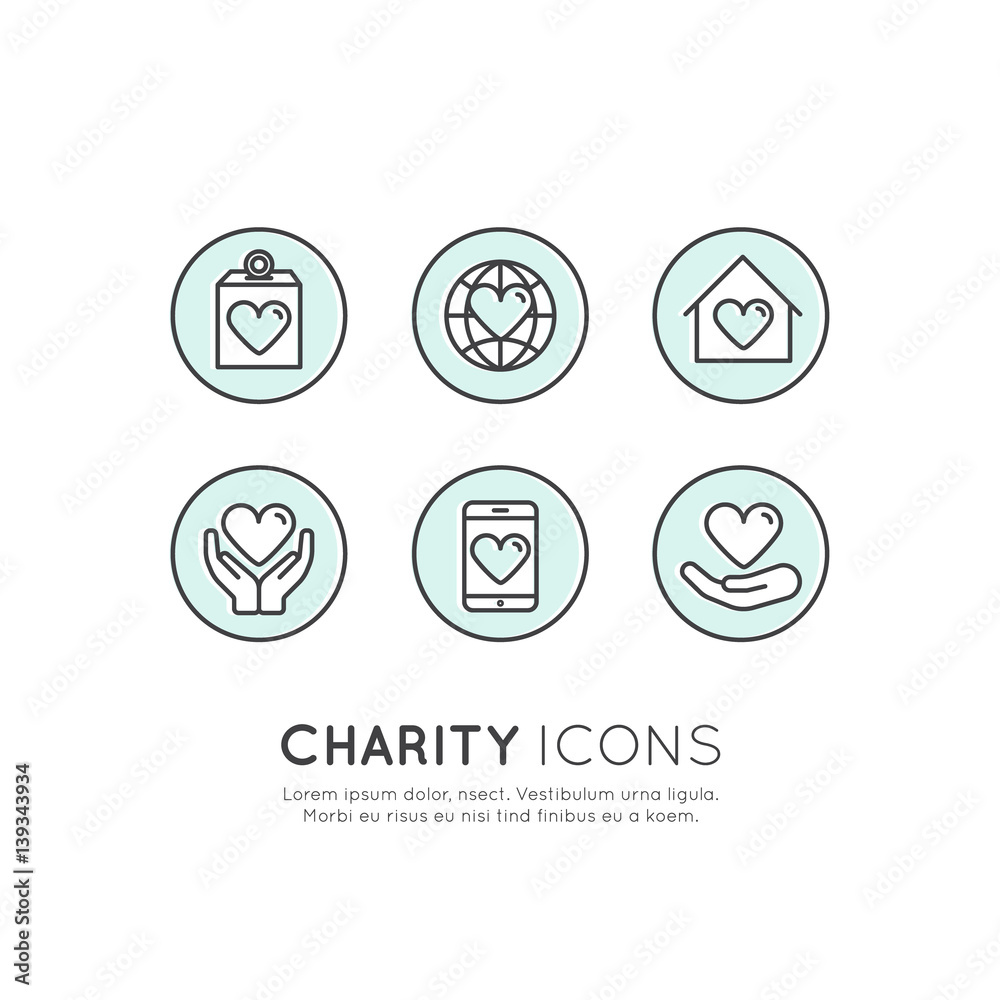 Vector Icon Style Illustration Set of Graphic Elements for Nonprofit Organizations and Donation Centre. Fundraising Symbols, Crowdfunding Project Label, Charity Logo Vector Icon Style Illustration Set of Graphic Elements for Nonprofit Organizations and Donation Centre. Fundraising Symbols, Crowdfunding Project Label, Charity Logo